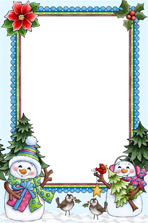 A Christmas Frame With Two Snowmen And Trees