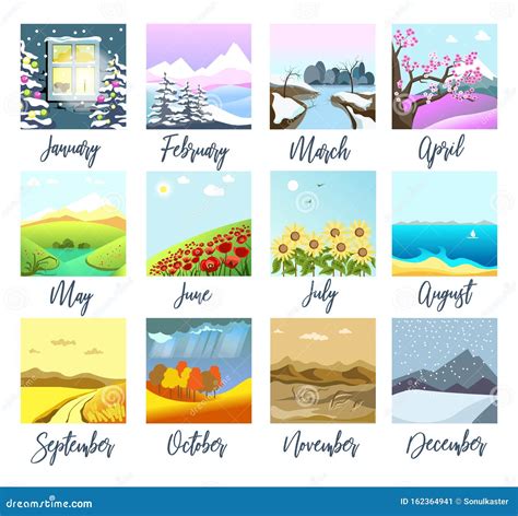 Naturlandschaften Vier Jahreszeiten Monate Kalender Isolierte Symbole