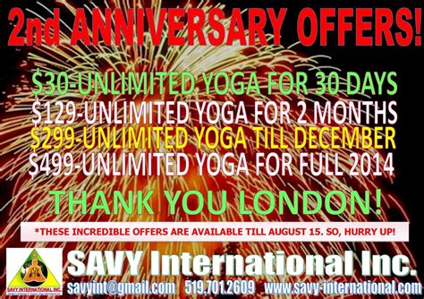 2nd Anniversary Offers Unlimited Yoga Savy International Inc