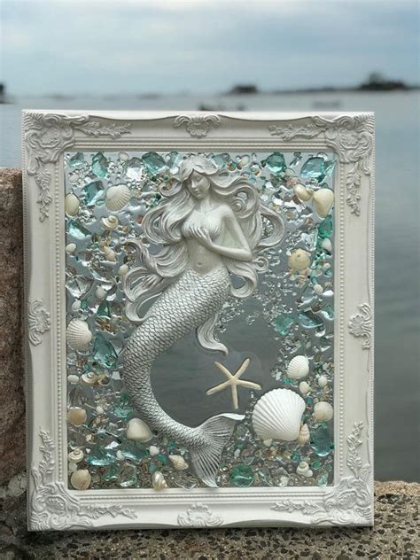 Free Shipping Large 20 X 24 Mermaid In Shabby Chic Frame With Beach Glass Glass Window Art