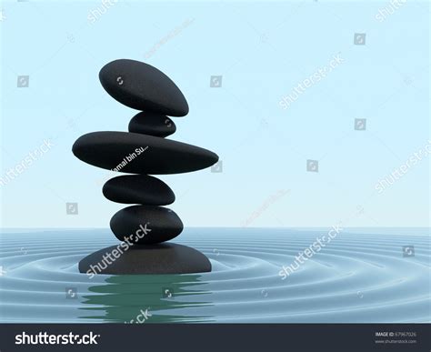 Pile Of Black Zen Stones In Rippling Shallow Water Stock Photo 67967026