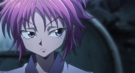 An Anime Character With Purple Hair And Blue Eyes Looks At The Camera