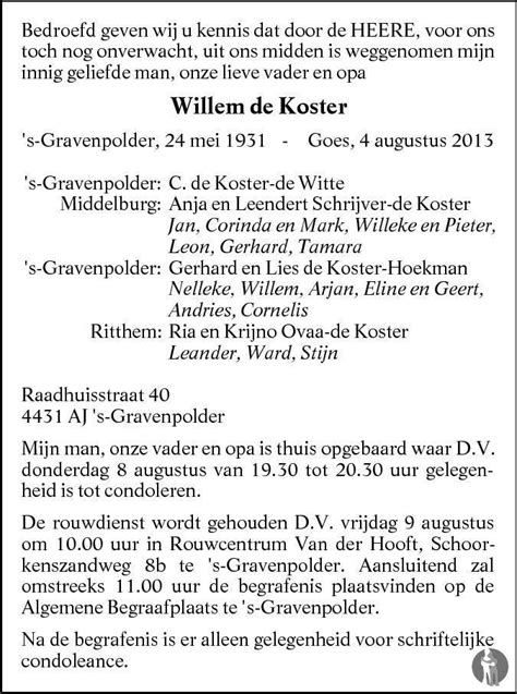 Willem De Koster 04 08 2013 Overlijdensbericht En Condoleances