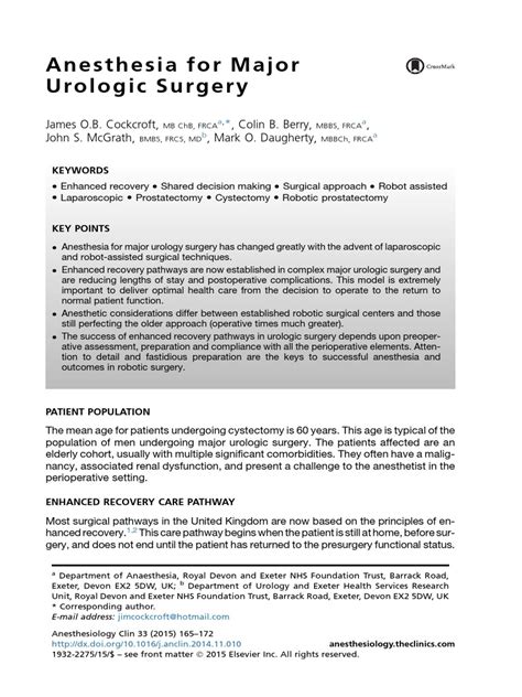 Anesthesia For Major Urologic Surgery 2015 Anesthesiology Clinics