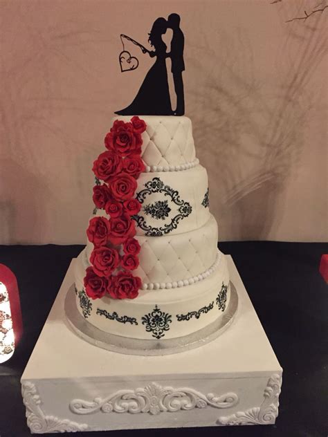 Black And White Damask With Red Roses Wedding Cake With Custom Made