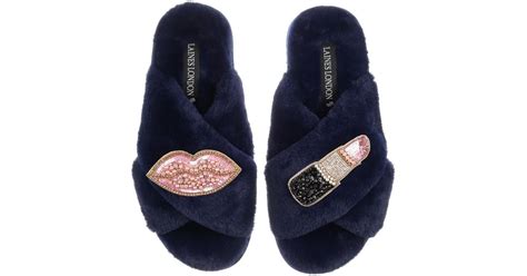 Laines London Classic Laines Slippers With Pink And Gold Pucker Up Brooches In Blue Lyst