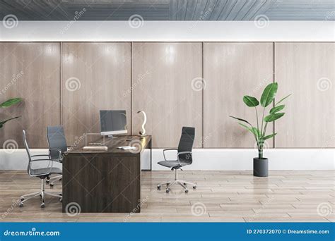 Contemporary Wooden Office Interior With Furniture 3d Stock