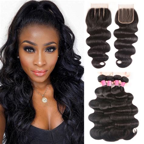 Julia Human Hair Virgin Indian Remy Body Wave Weave 4 Bundles With Lace