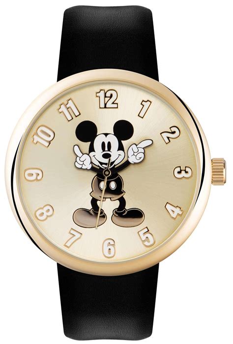 Disney Mickey Mouse Quartz Golden Dial Black Leather Strap Kids Watch