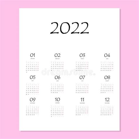 Kalender 2022 Ondernemingsweek Sjabloon 12 Maanden Jaarlijkse Witte