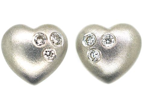 18ct white gold heart shaped earrings set with diamonds 958n the antique jewellery company
