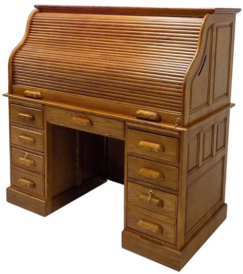 The roll top desk combined characteristics of pedestal, carleton house, and tambour desks, making it easy to produce. 53-3/4"W Deluxe Oak Roll Top Desk