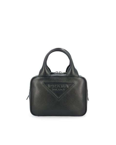 Prada Leather Logo Embossed Top Handle Bag In Black Lyst Uk