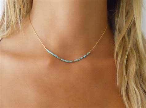 K Gold Filled Necklace With Turquoise Beads Delicate Gold And