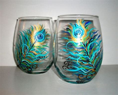 Peacock Feathers Hand Painted Stemless Wine Glasses Set Of 2 Etsy Hand Painted Stemless Wine