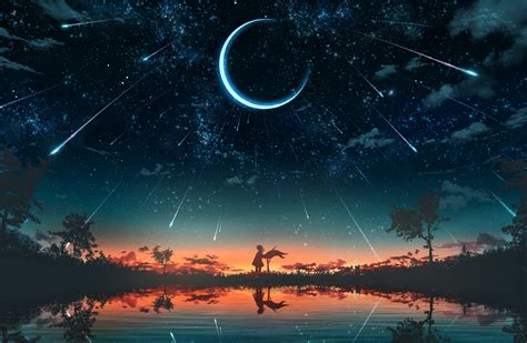 download sky star trail crescent pond nature sunset anime original hd wallpaper
