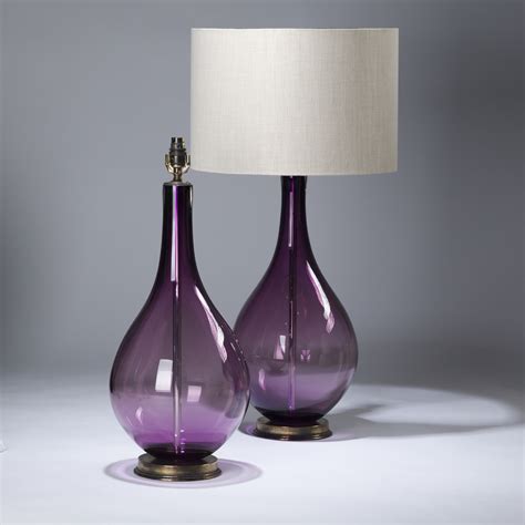 Pair Of Large Purple Coloured Teardrop Shaped Glass Lamps On Distressed Brass Bases T3625