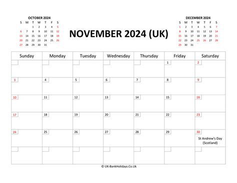 November 2024 Calendar Printable With Bank Holidays Uk