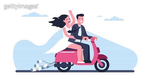 Happy Young Bride And Groom Riding Scooter With Cans People Driving