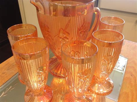 Vintage Carnival Glass Pitcher Six Tumbler Glasses Iridescent Etsy