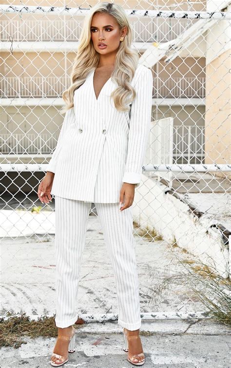 White Pinstripe Double Breasted Oversized Blazer Pinstripe Suit Women Oversized Blazer Fashion