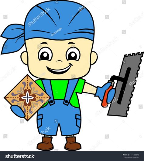 Vector Cartoon Cute Kid Tiler Worker Stock Vector Royalty Free 1611788845
