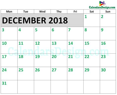 December 2018 Calendar Template