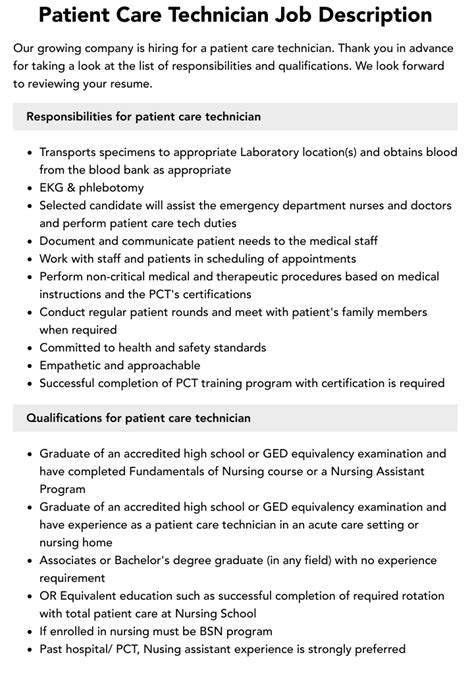 Patient Care Technician Job Description Velvet Jobs