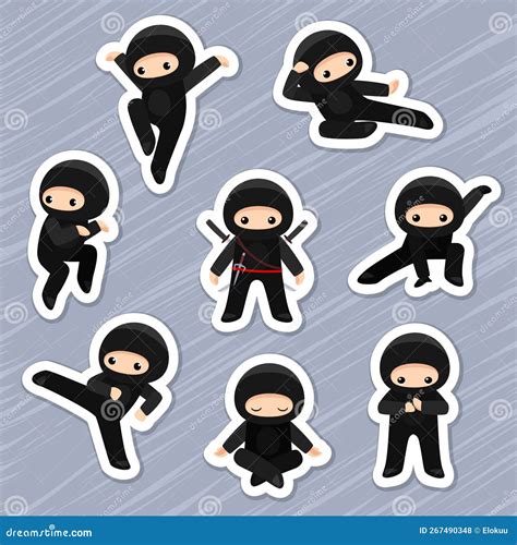 Cartoon Ninja Shinobi In Various Poses Sticker Pack Vector