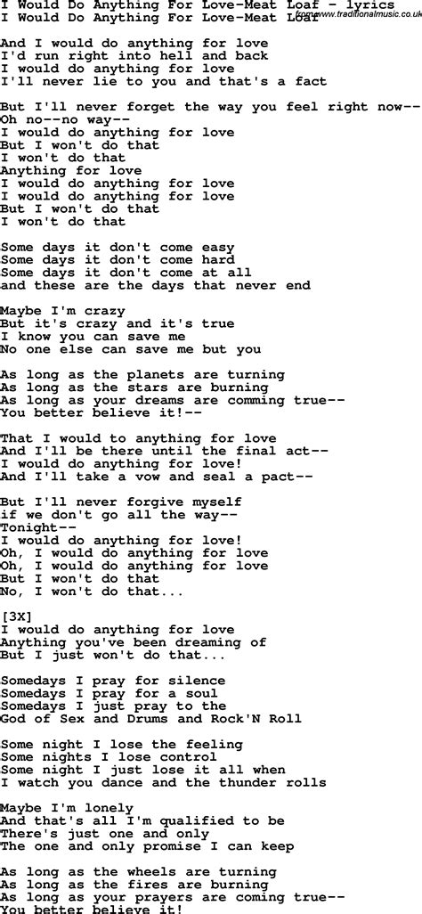 Love Song Lyrics for:I Would Do Anything For Love-Meat Loaf