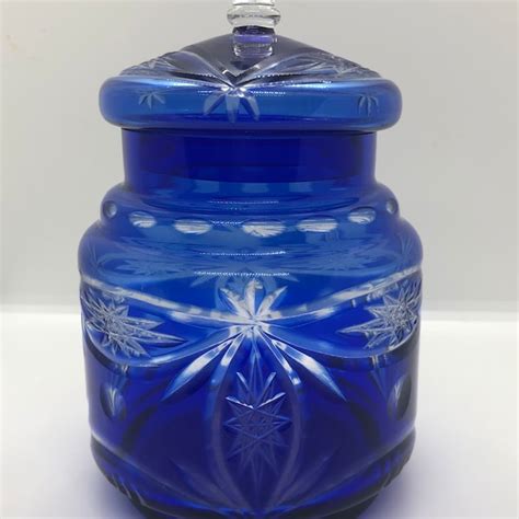 Cobalt Blue Cut To Clear Crystal Glass Bohemian Czech Biscuit Jar Etsy