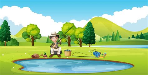 Scene With Man Fishing By The Pond Download Free Vectors