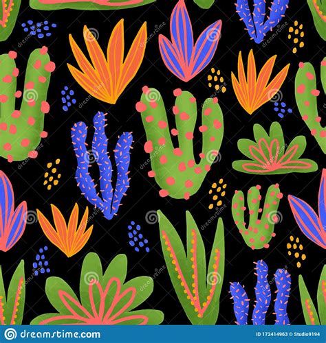 Cactus Seamless Vector Pattern Cacti In Bright Colors On Black