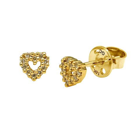 Genuine Diamond Heart Baby Earrings And Infant Earrings In 14k Yellow