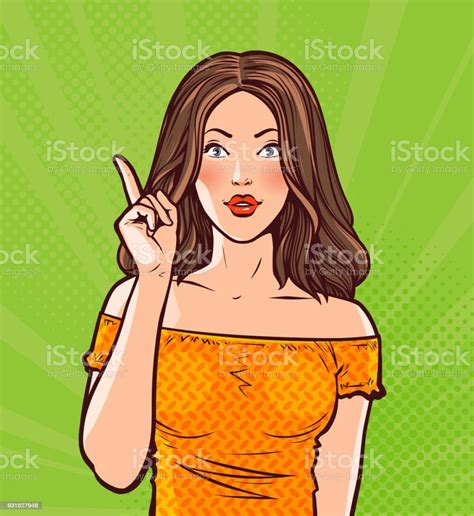 Beautiful Girl Or Young Woman With Index Finger Pinup Concept Pop Art