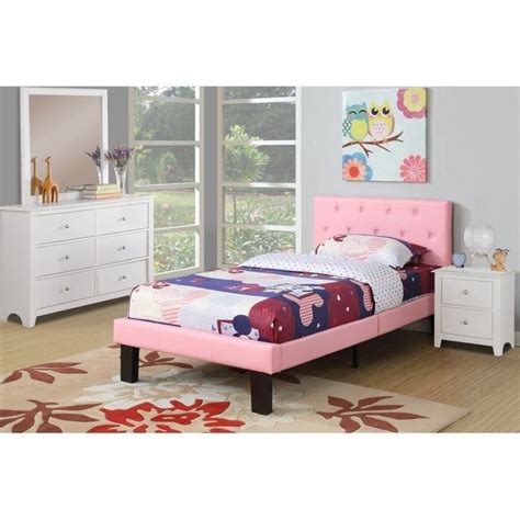 Girls Pink Platform Bed Frame Wood Twin Size With Upholstered Tufted