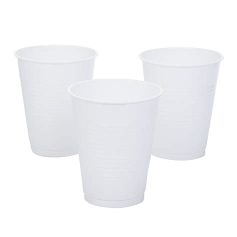 Three White Plastic Cups Sitting Next To Each Other