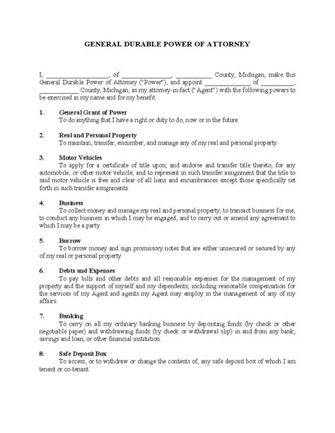 General Durable Power Of Attorney Form Michigan Free Download