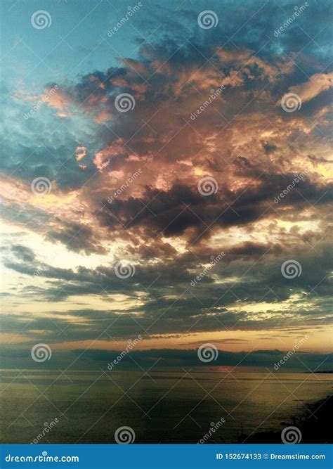 Colorful Sunset Cloudy Sky Over The Sea Seascape Stock Image Image
