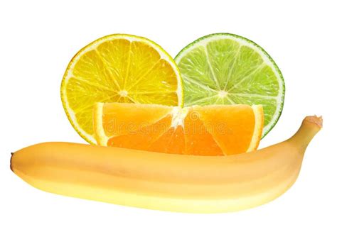 Lemon Lime Orange Slices And Banana Isolated On White Stock Image