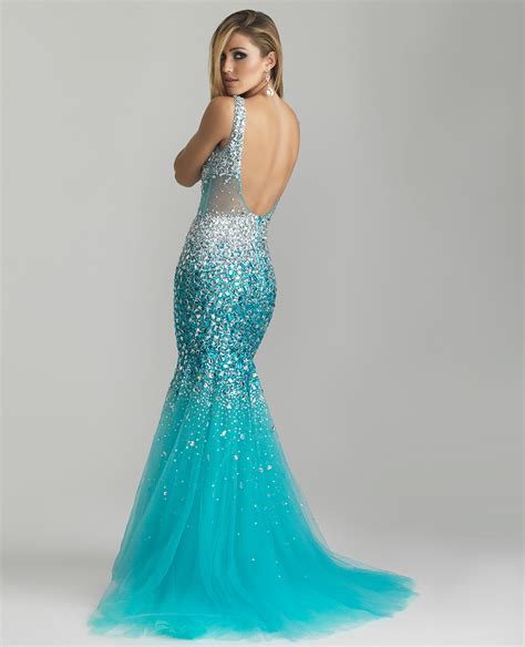 Turquoise Sheer Sequin And Tulle Low Back Mermaid Prom Gown Unique