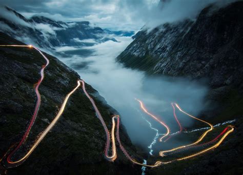 Photography Nature Landscape Mountains Mist Road Lights River Clouds