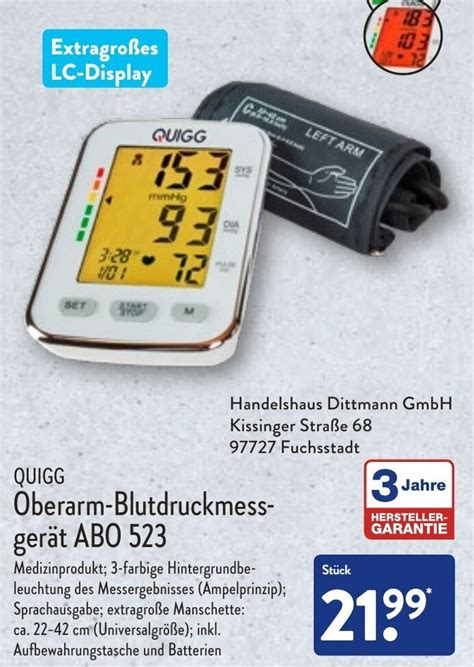 Quigg Oberarm Blutdruckmessgerät Abo 523 Angebot Bei Aldi Nord