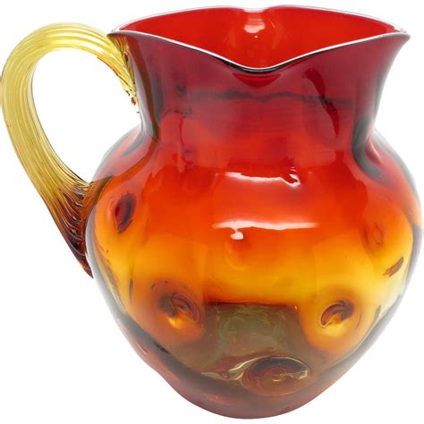 Beautiful Antique New England Thumbprint Amberina Art Glass Pitcher With Square Mouth And Applied