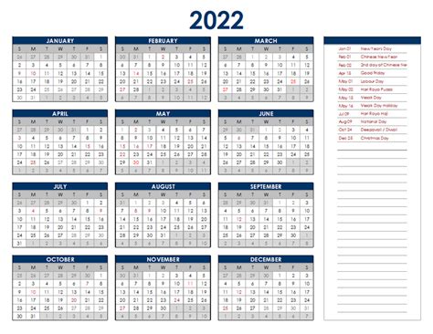2022 Singapore Annual Calendar With Holidays Free Printable Templates