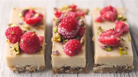 Vegan Macadamia White Chocolate Slices With Raspberries