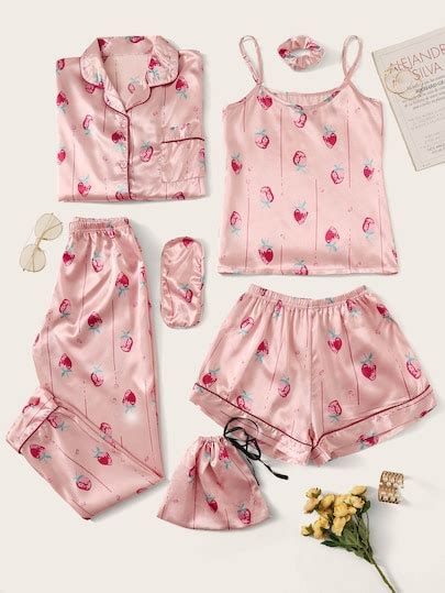 7Pcs Strawberry Print Satin Pajama Set Swpajama10190827851 43 50