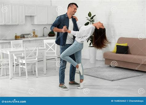 Happy Couple Dancing In Kitchen Stock Photo Image Of Grace Dance