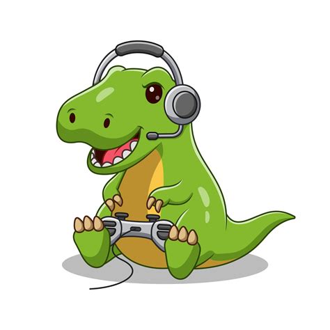 Dinosaur Cartoon Play A Game Video Games Controller Nerd Geek Gamer T
