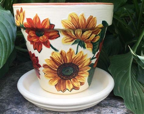 Sunflower Flower Pot With Saucer Sunflower Planter Etsy Painted